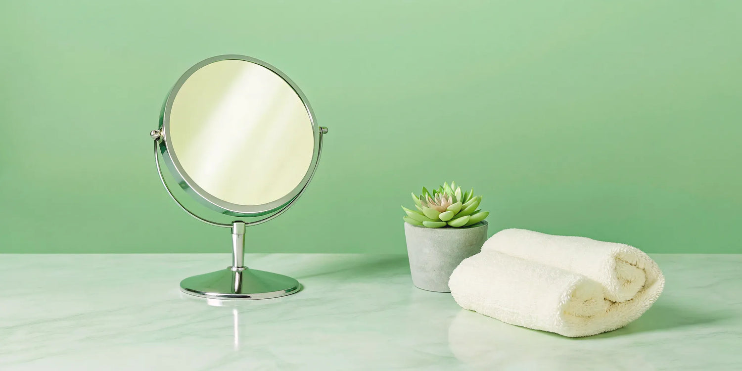 Skincare vanity with soft lighting prepared for an amber light therapy for skin session.