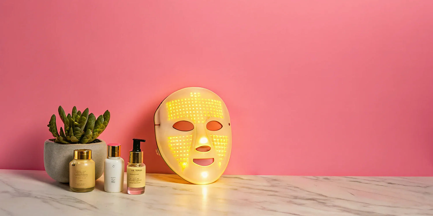 Dermatologist-recommended LED mask with skincare products for at-home use.