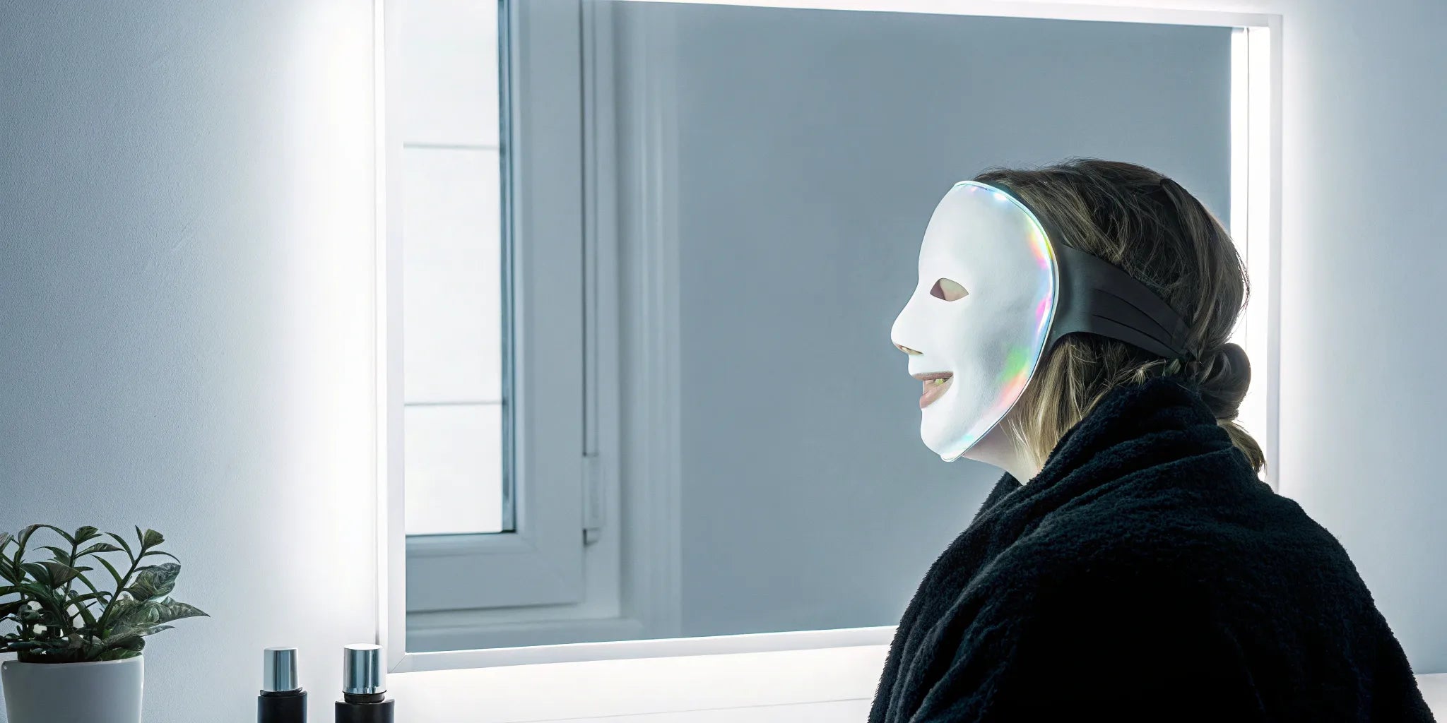 Person wearing an LED face, neck, and chest mask for light therapy.