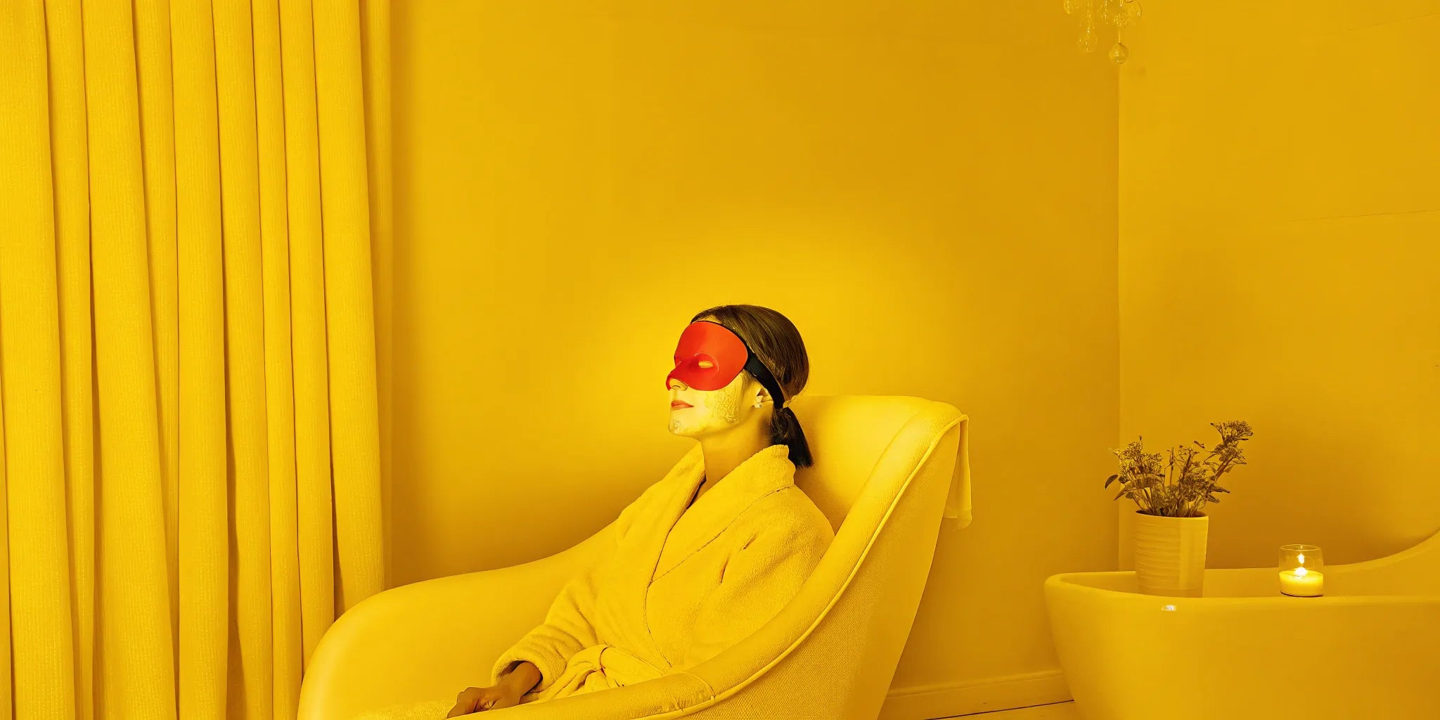 Woman wearing a red light therapy mask, a treatment that has potential side effects.
