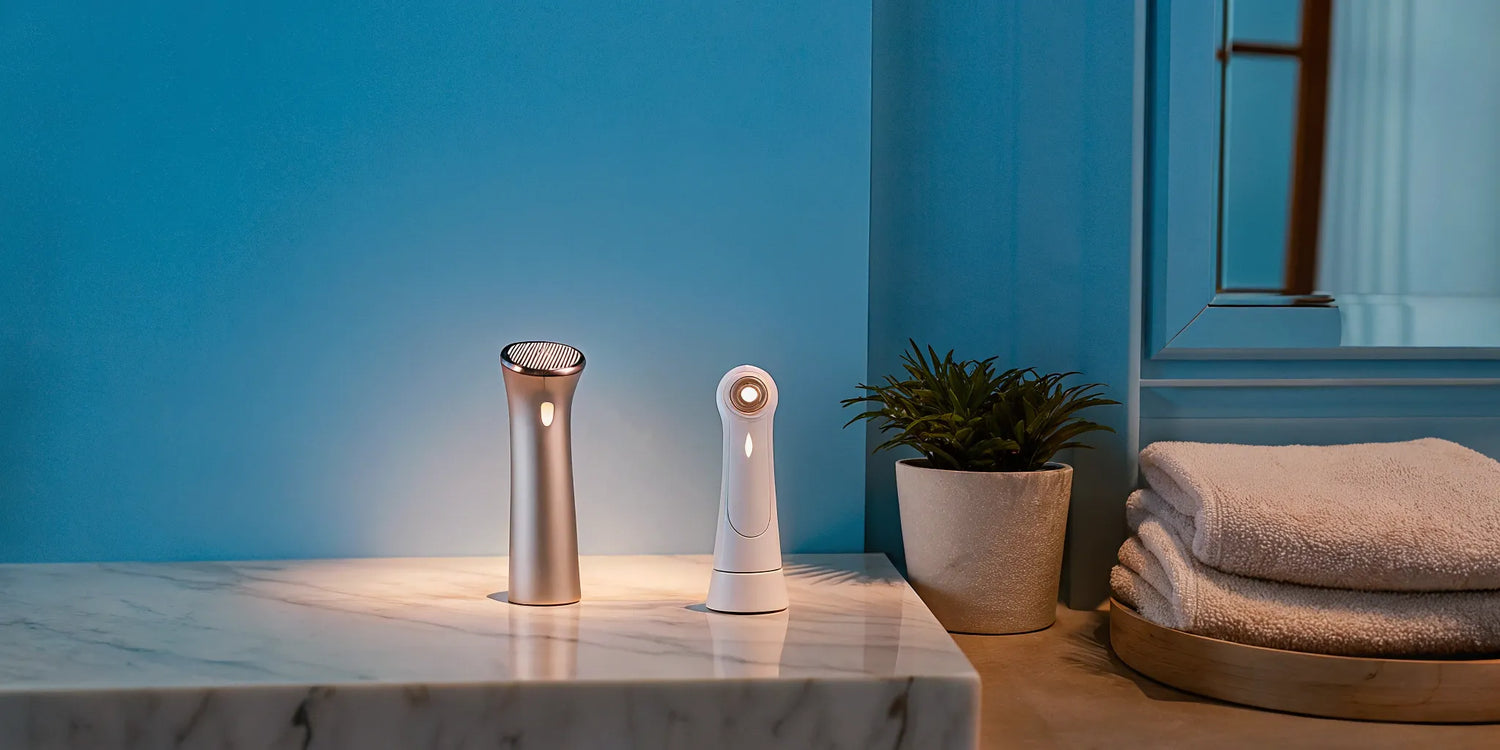 A selection of the best at-home skin tightening devices on a bathroom counter.