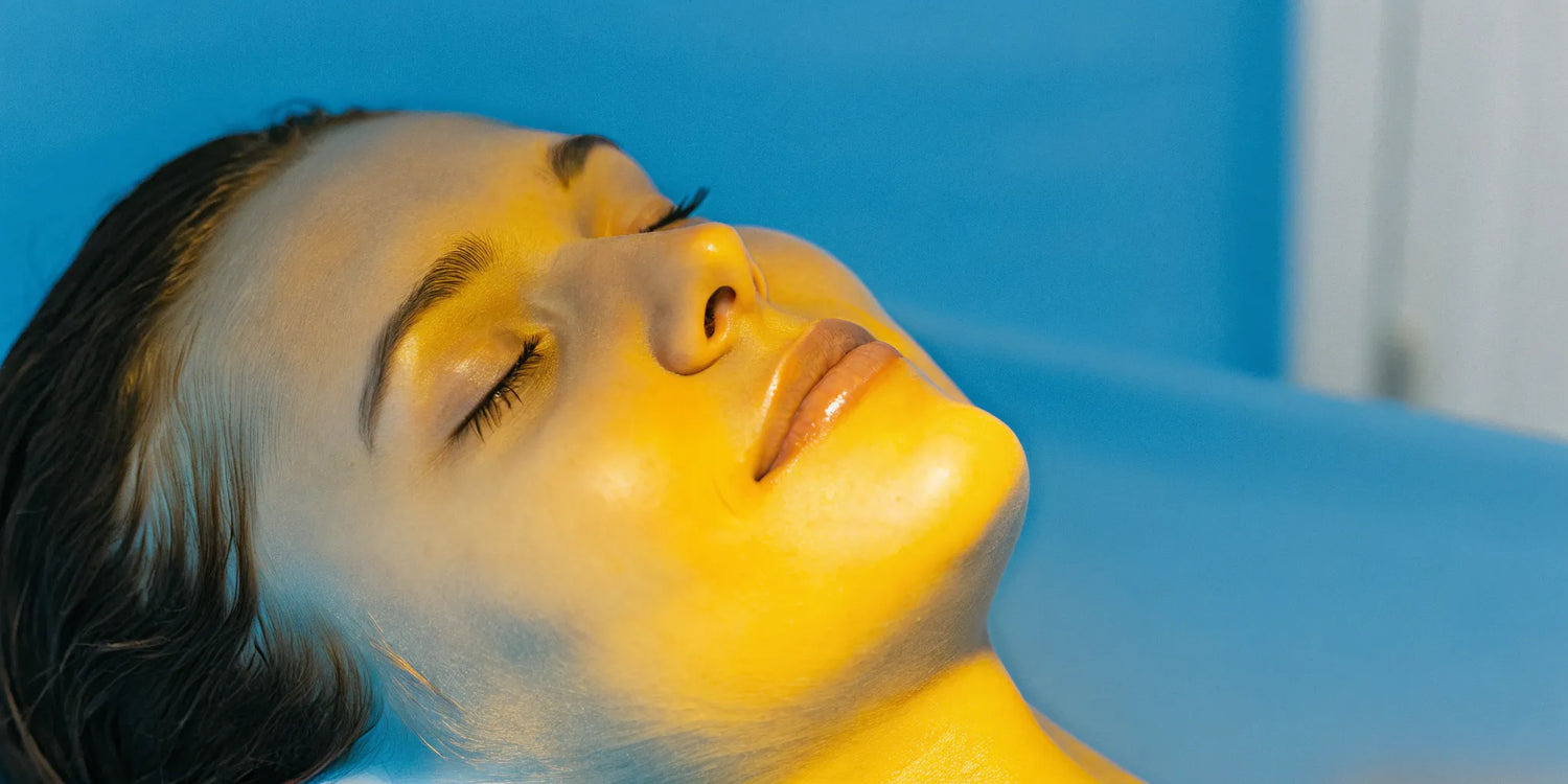 Woman getting blue LED light therapy on her face for clearer skin.