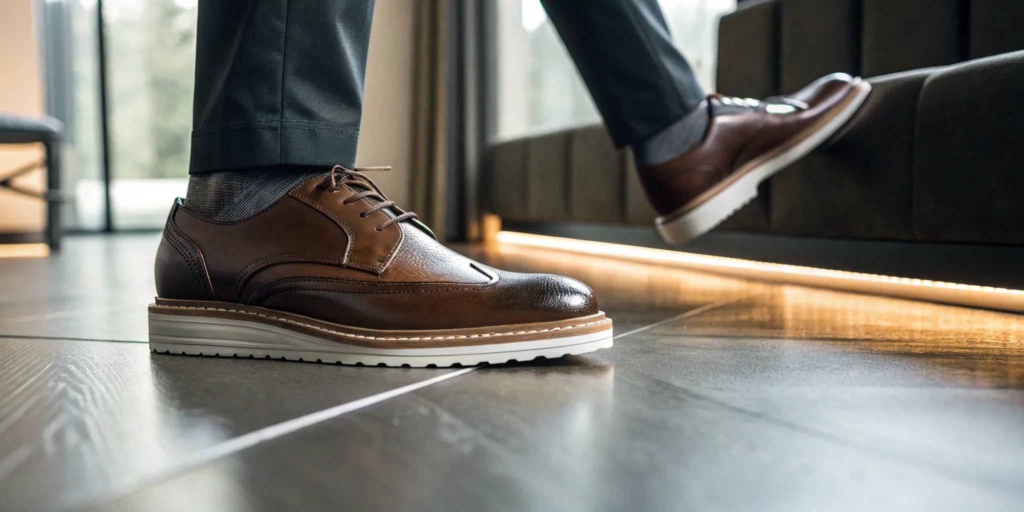 Best elevator shoes for men. Stylish brown leather footwear with white soles.