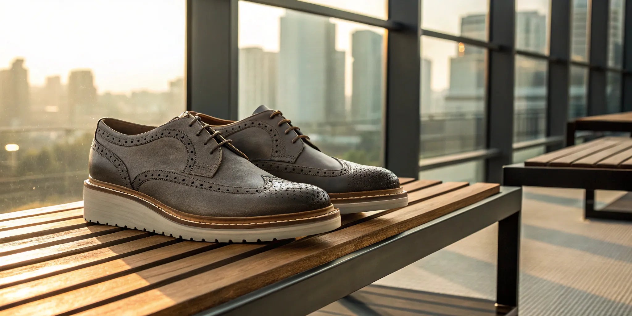 Stylish men's gray leather platform brogues.